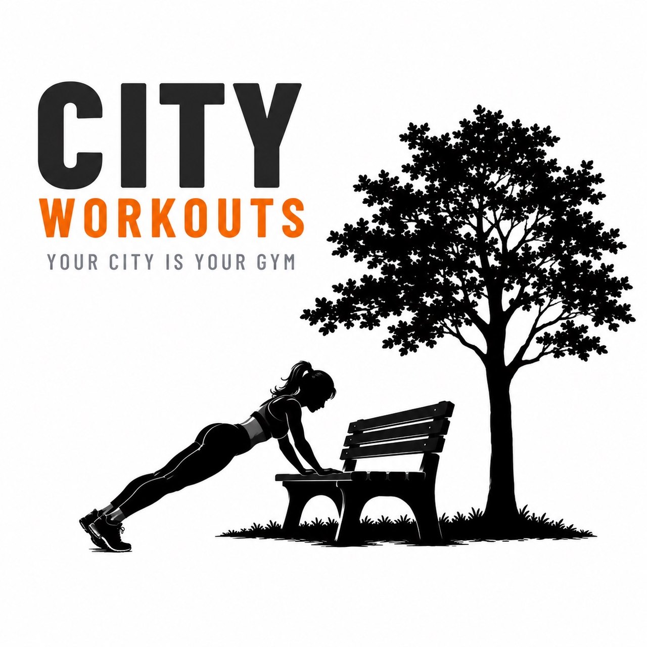 City Workouts — a woman doing an incline push-up on a park bench beneath a tree